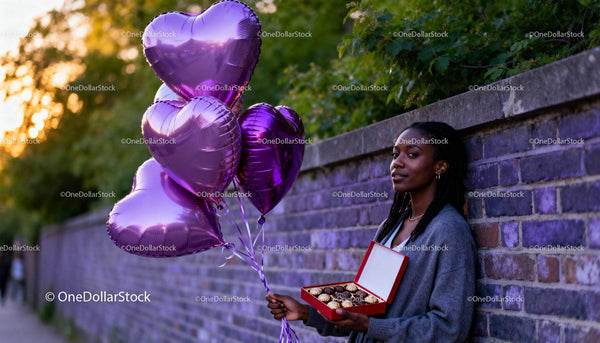 Young woman holding heart balloons and chocolates outdoors