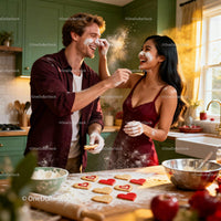 Couple Playfully Baking Heart-Shaped Cookies Together