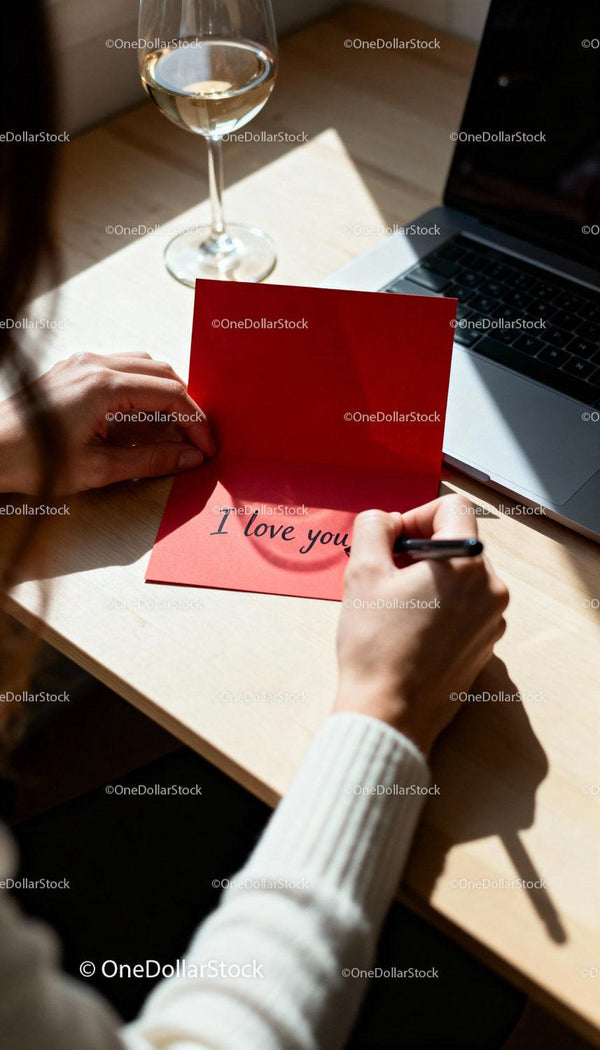 Writing a Heartfelt Love Note by Laptop and Wine Glass