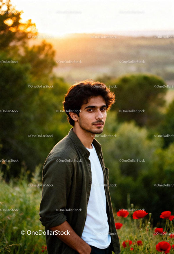 Thoughtful young man standing in sunset meadow with poppies