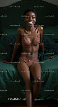 Smiling woman relaxing on bed in brown lingerie