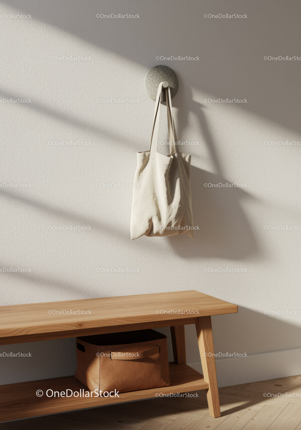 Minimalist Home Interior with Beige Tote Bag and Wooden Bench