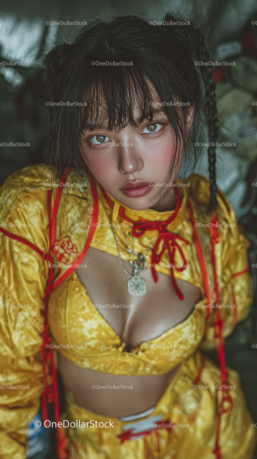 Vibrant Traditional Dress with Bold Jewelry and Wet Hair Artistic Portrait