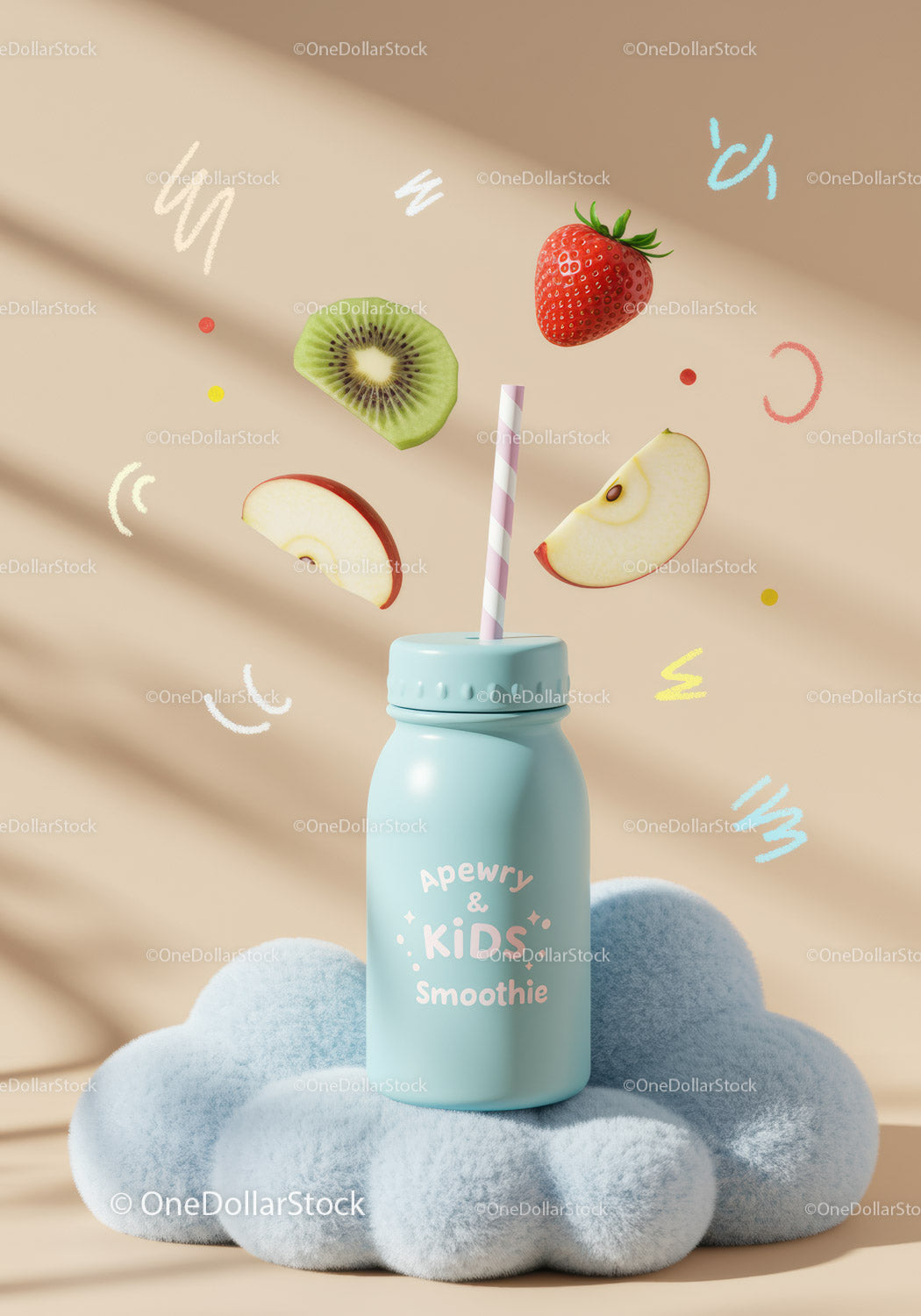 Kids smoothie bottle with fresh fruit and playful backdrop
