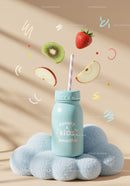 Kids smoothie bottle with fresh fruit and playful backdrop