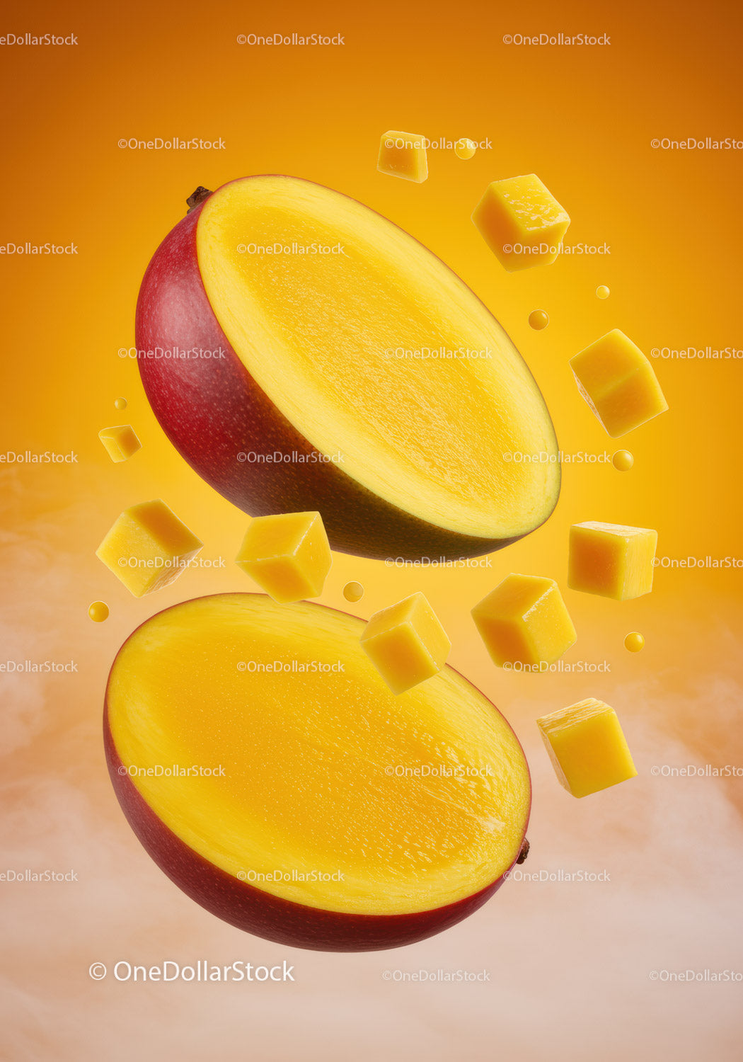 Fresh mango halves with floating mango cubes on orange