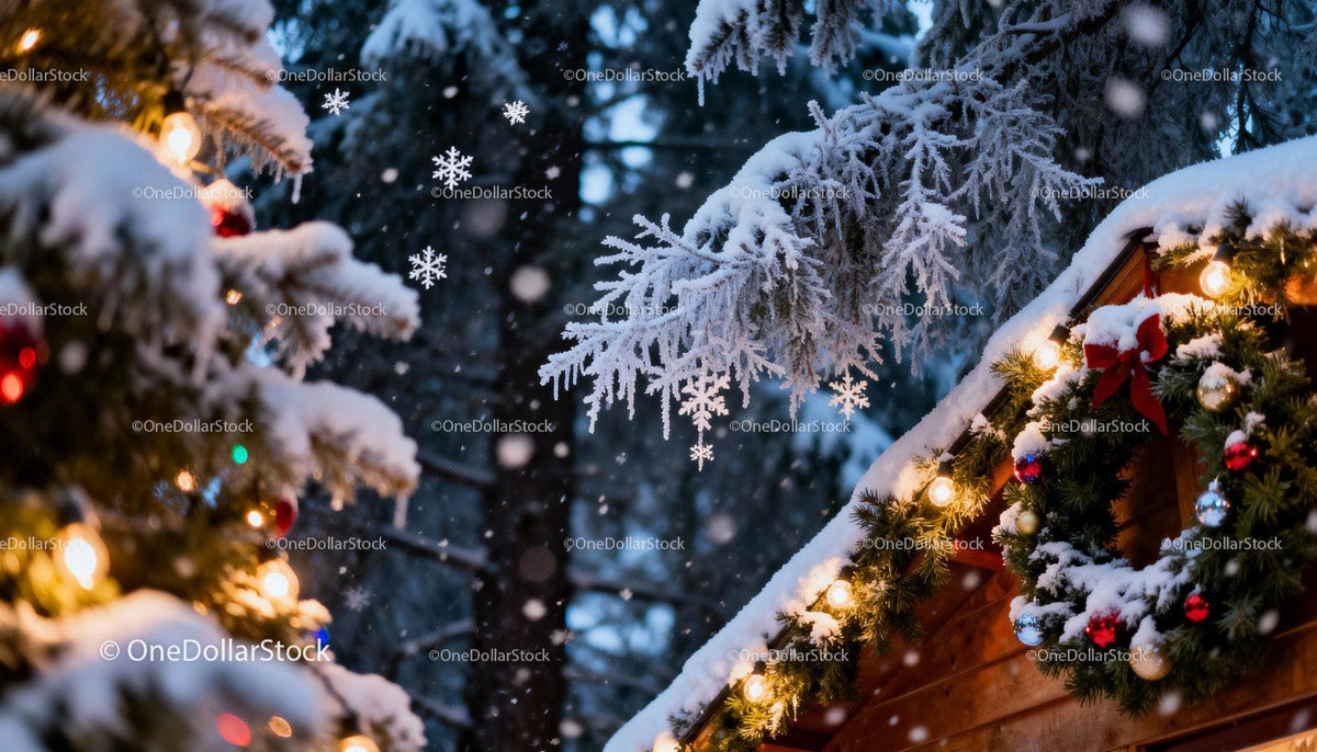 Snowy Christmas wreath and lights on wooden cabin