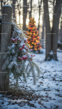 Snowy pine branches and glowing Christmas tree lights