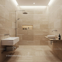 Elegant Modern Bathroom with Beige Tiles and Walk-In Shower