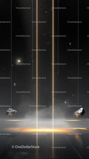 Futuristic Space Scene with Laser Beams and Floating Rocks