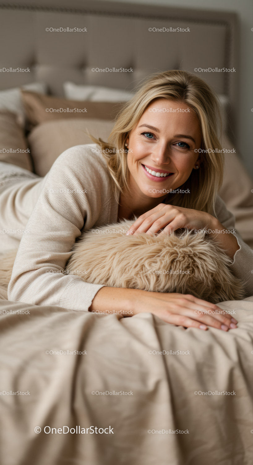Smiling woman relaxing on cozy bed with soft pillow