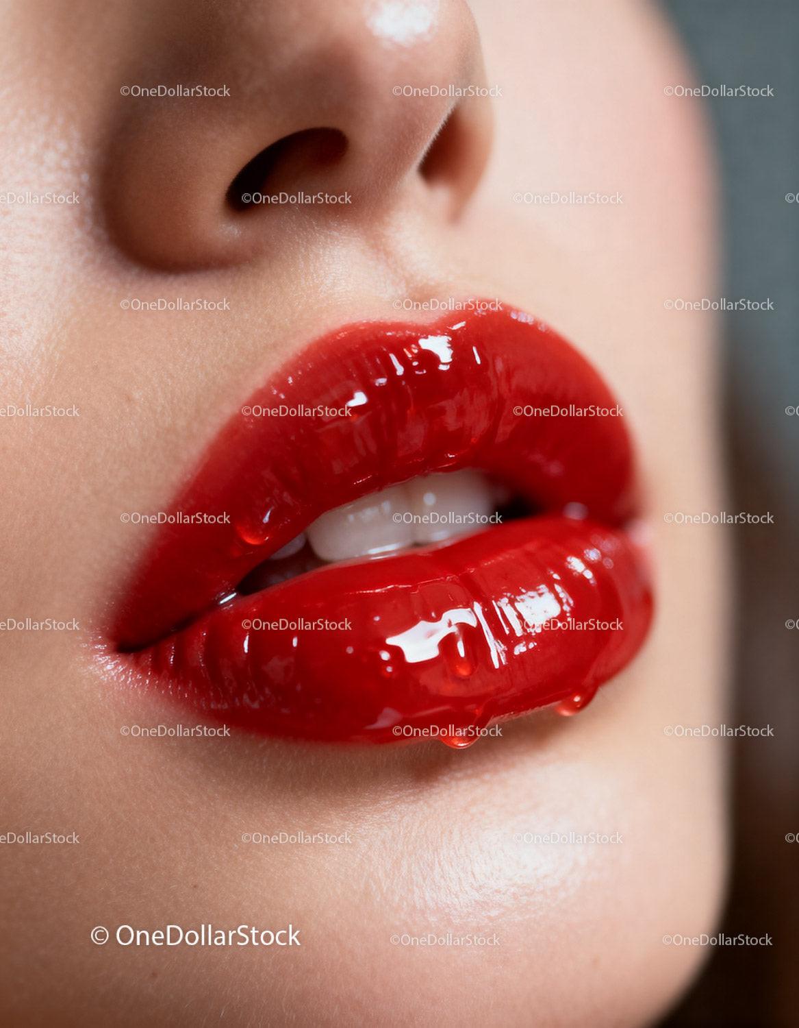 Glossy red lips close up with water droplets