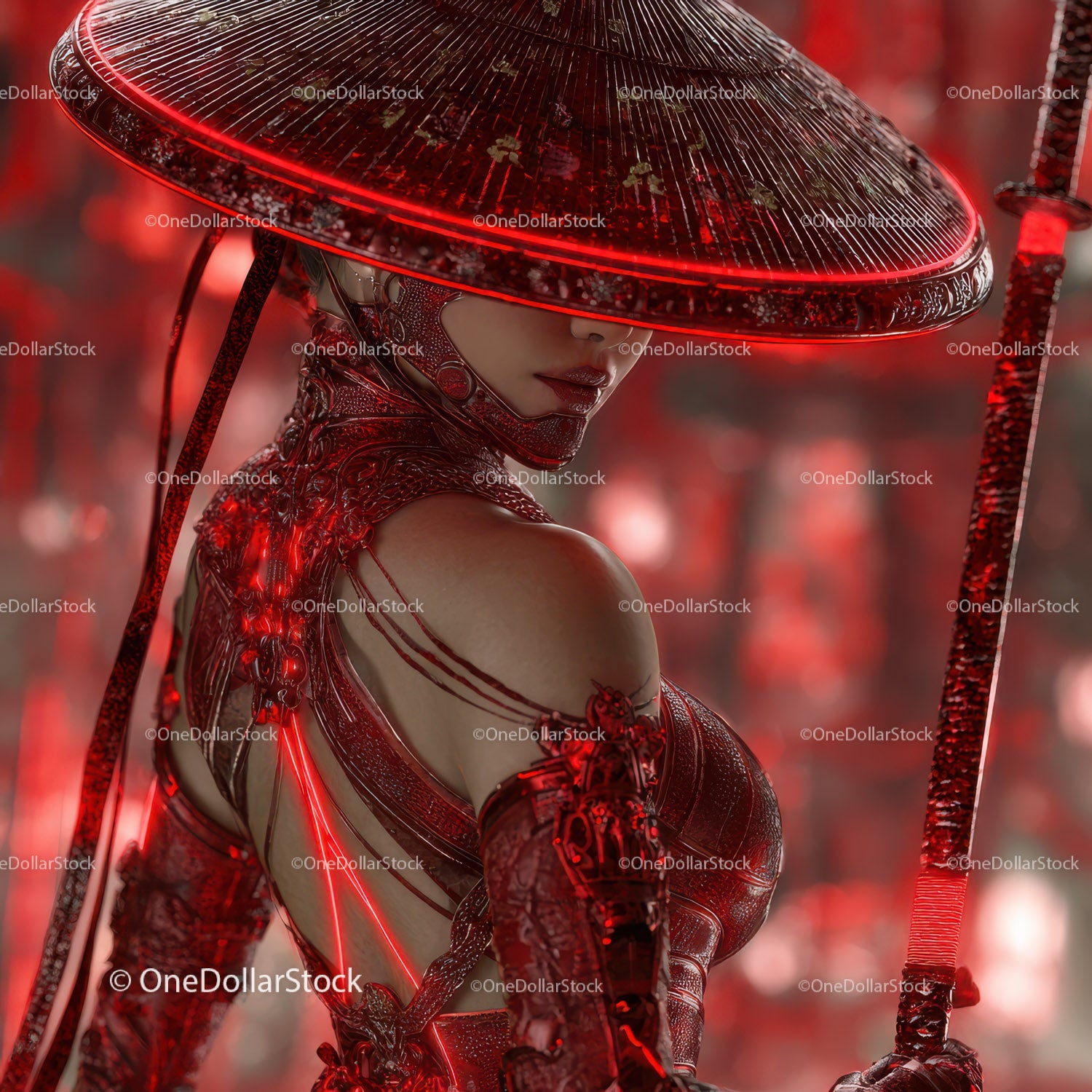 Futuristic Samurai in Neon Red Armor Holding Umbrella