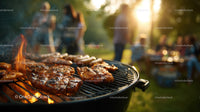 Outdoor Barbecue with Sizzling Meat and Sunset Lighting