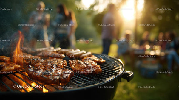 Grill na świeżym powietrzu z skwierczącym mięsem i zachodem słońca