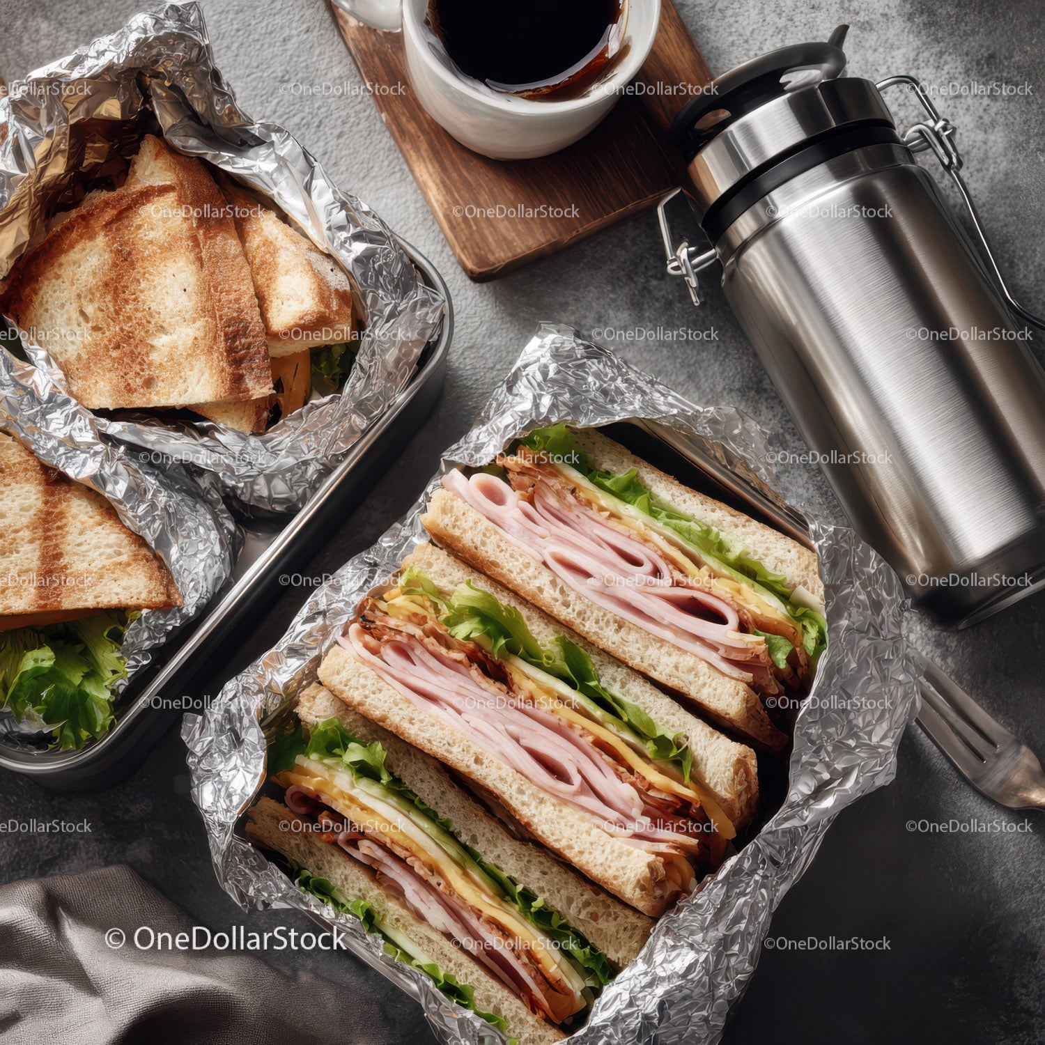 Fresh Ham and Cheese Sandwiches with Lettuce and Coffee