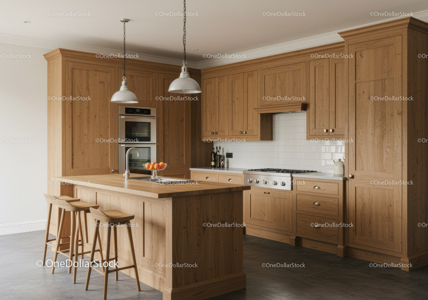 Contemporary Kitchen with Wooden Cabinets and White Subway Tiles