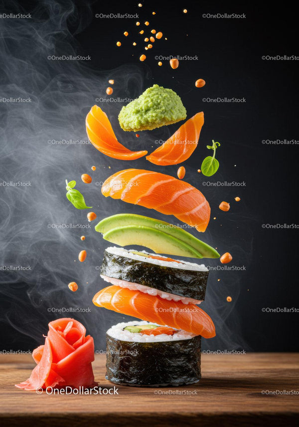 Floating vibrant sushi ingredients on dark background