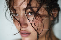 Close-up of Woman with Blue Eye and Freckles with Wet Hair