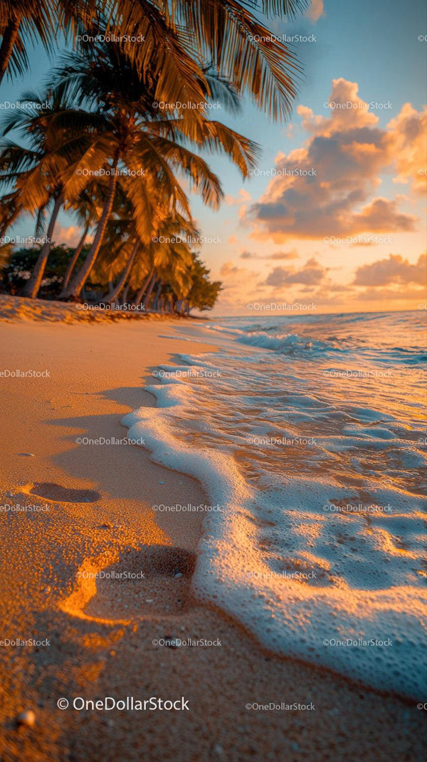 Tropical Beach with Palm Trees and Sunset Over Calm Ocean