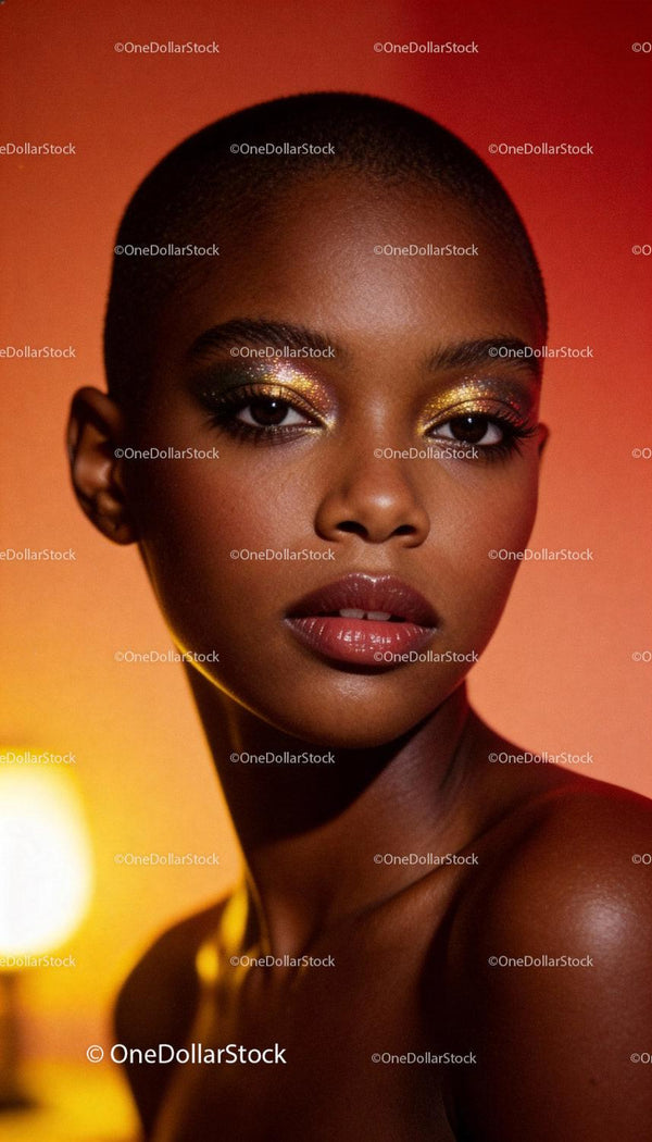 Close-up Portrait of Woman with Glittery Gold Eye Makeup