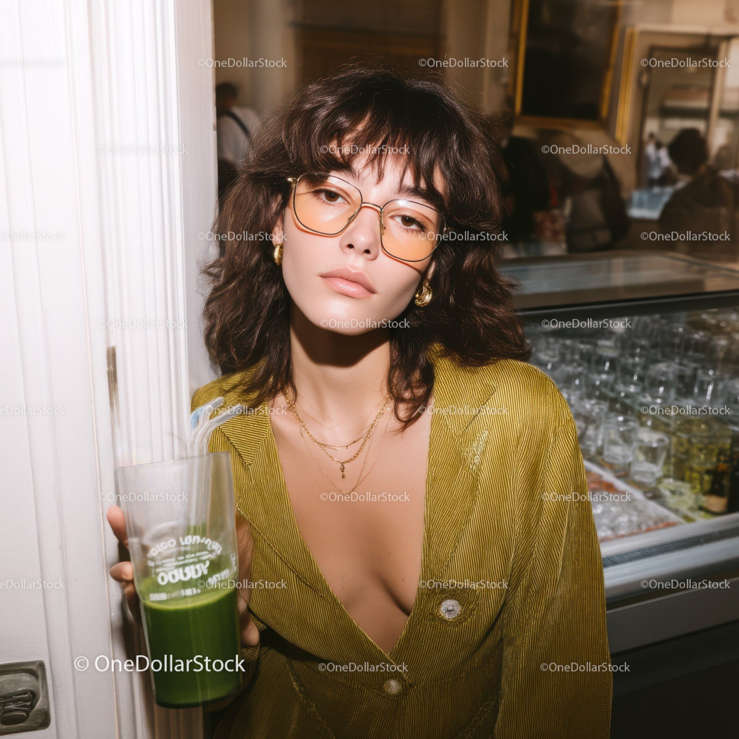Stylish Woman in Yellow Blazer Holding Green Juice in Modern Setting
