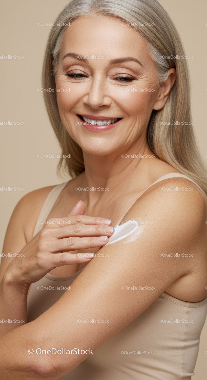 Elderly Woman Applying Moisturizer Senior Skincare Routine Healthy Skin