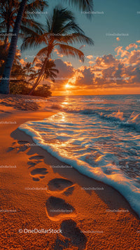 Scenic Tropical Beach Sunset with Palm Trees and Ocean Waves