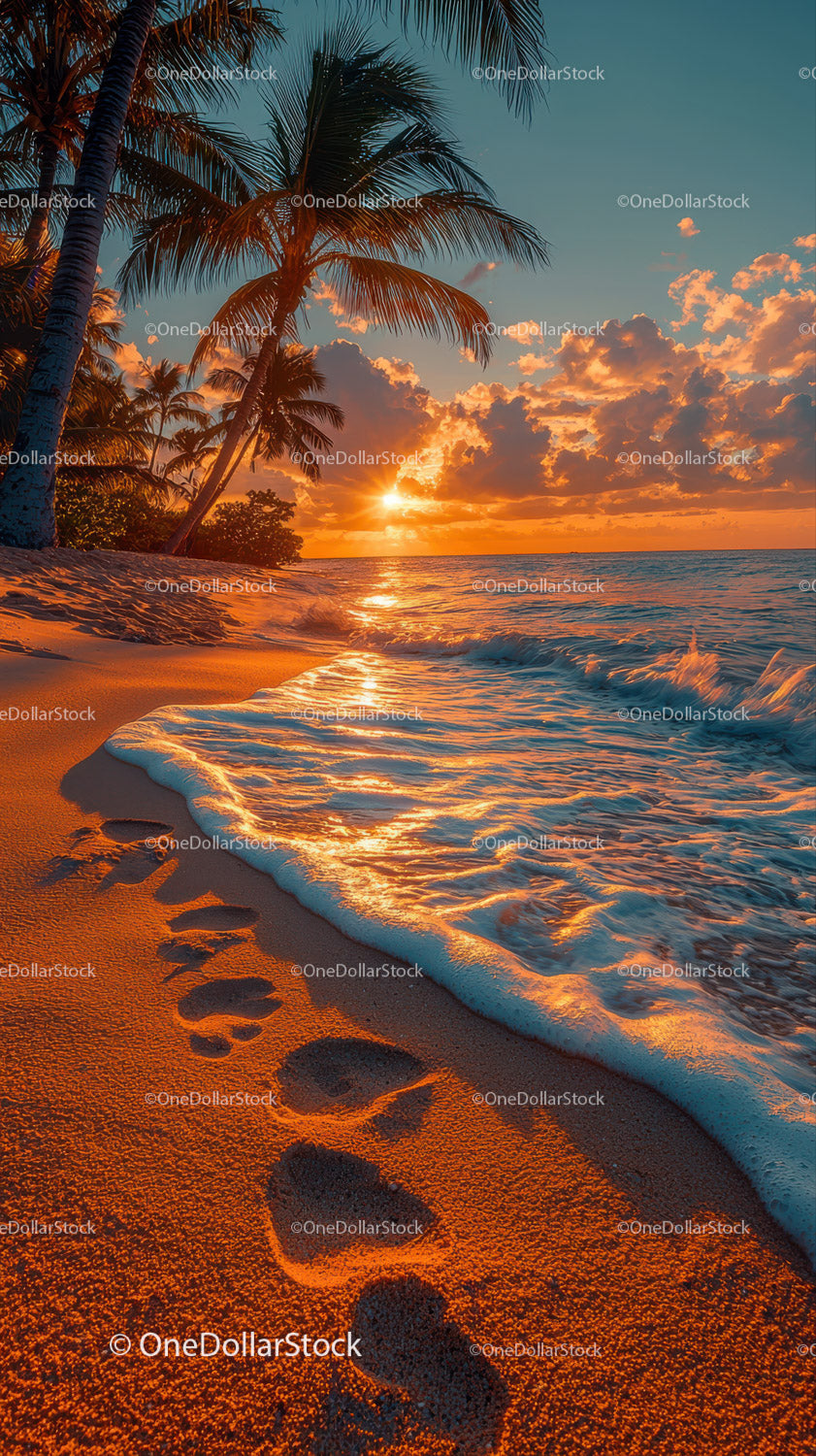 Scenic Tropical Beach Sunset with Palm Trees and Ocean Waves