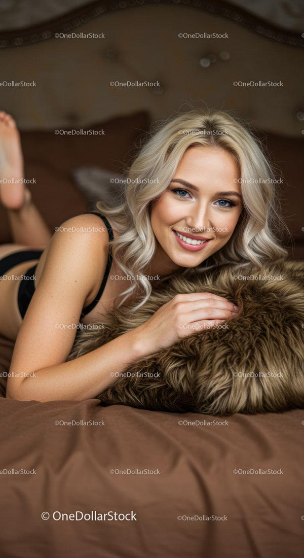Uśmiechnięta blondynka odpoczywająca na pluszowej futrzanej poduszce