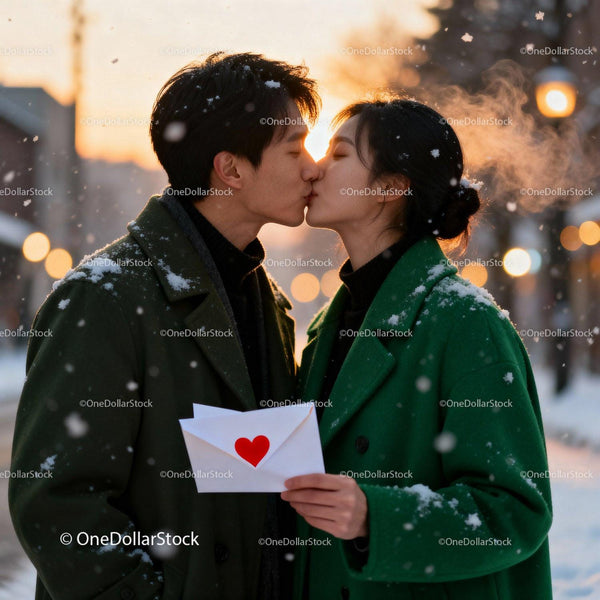 Couple sharing a tender kiss on snowy Valentine's evening