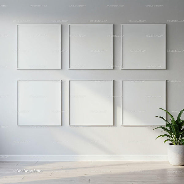 Minimalist blank white frames on light wall JPG Mockup Image