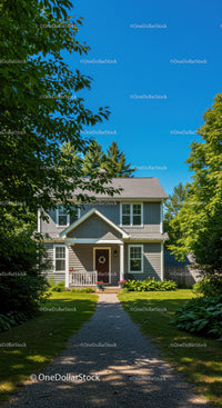 Cozy gray two story house surrounded by lush greenery