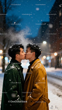 Couple Sharing a Tender Kiss on a Snowy Winter Night
