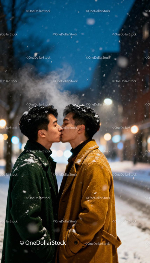 Couple Sharing a Tender Kiss on a Snowy Winter Night