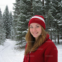 Smiling woman in red hat enjoying snowy forest walk