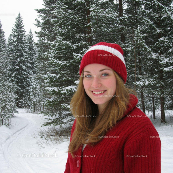 Smiling woman in red hat enjoying snowy forest walk