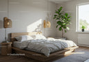 Minimalist bedroom with natural wood and green plant
