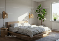 Minimalist bedroom with natural wood and green plant