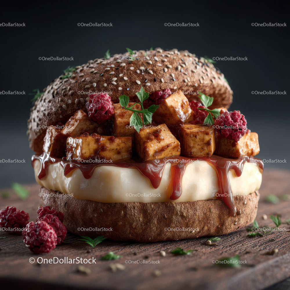 Burger gourmet z kostkami ziemniaczanymi i malinami na rustykalnym drewnie