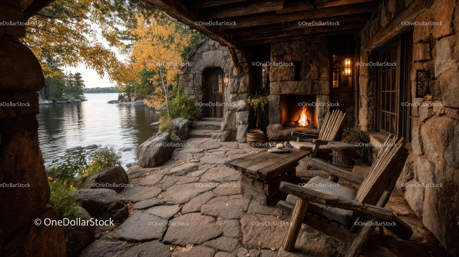 Rustic Riverside Cabin with Stone Fireplace Surrounded by Autumn Foliage