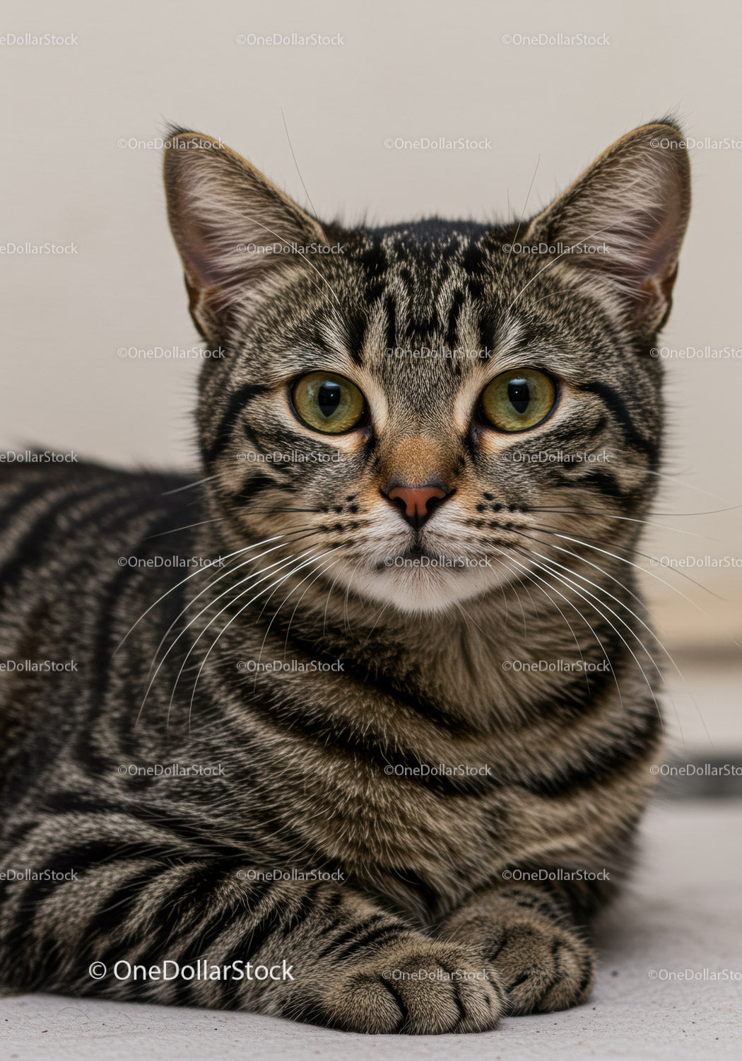 Close up of attentive tabby cat with striking green eyes