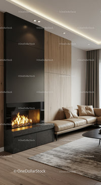 Cozy modern living room with fireplace and leather sofa