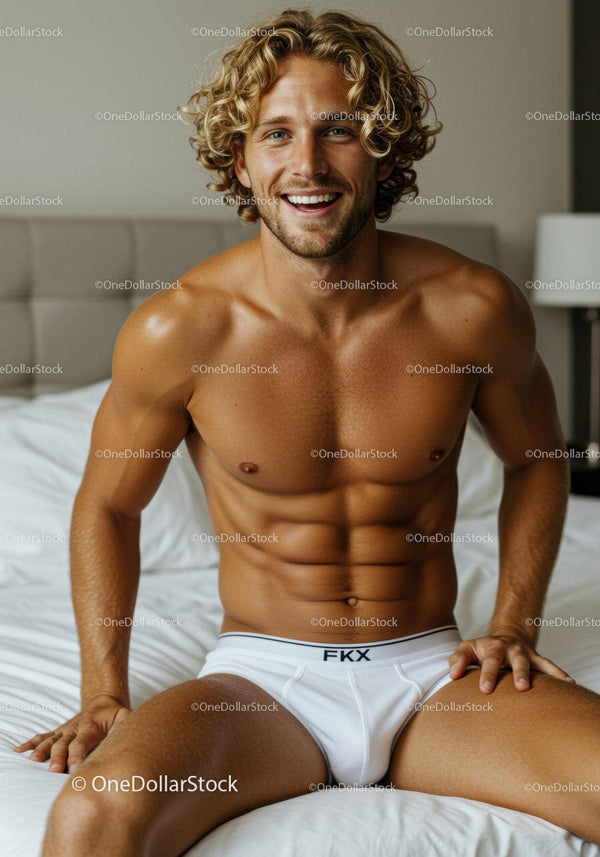 Smiling young man in white briefs sitting on bed