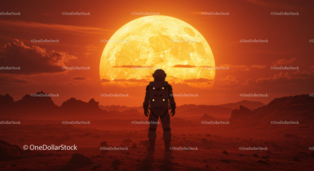 Astronauta stojący na czerwonej planecie pozaziemskiej z dużym słońcem w tle