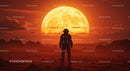 Astronaut Standing on Red Alien Planet with Large Sun in Background