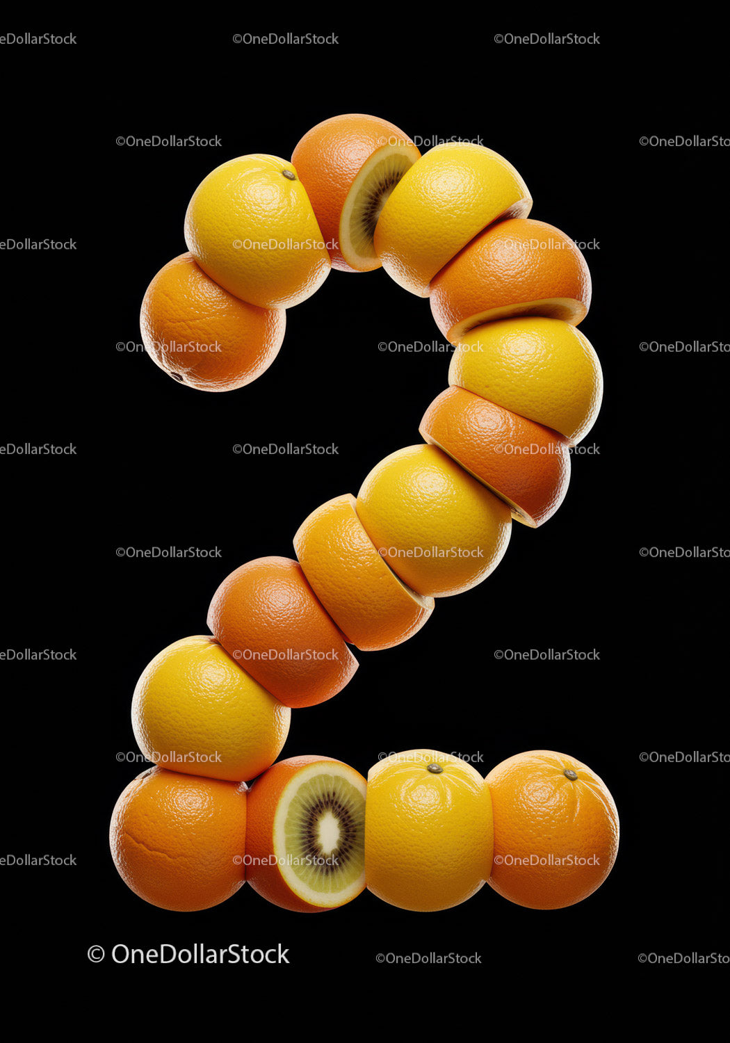 Number Two Made of Mixed Citrus Fruits on Black
