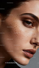Close up of woman with natural freckles and soft makeup