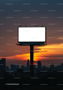 Empty illuminated billboard at sunset over cityscape skyline