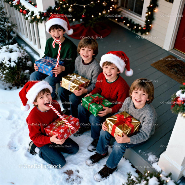 Happy boys in Santa hats holding Christmas presents